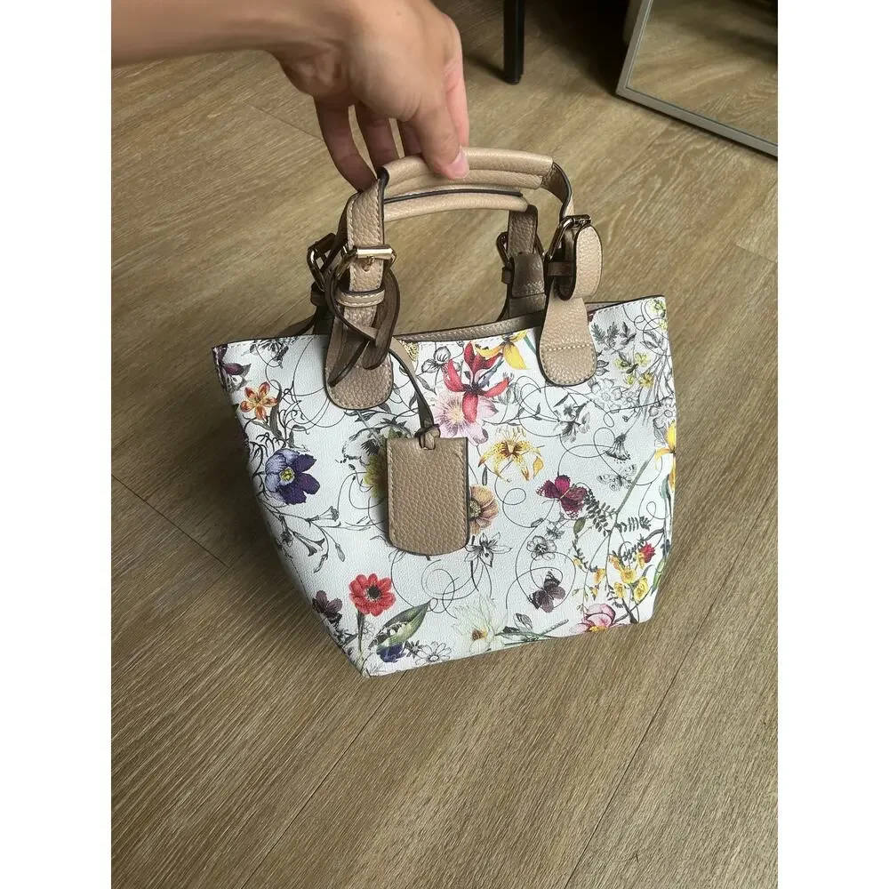Floral Mini Tote Bag Satchel Purse Botanical Flower Pattern Top Handle Cream Tan
